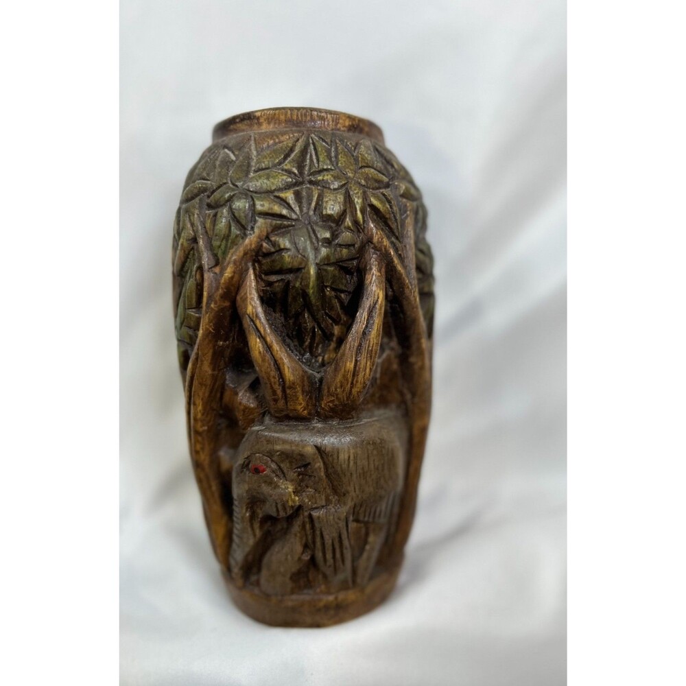 Hand Carved Wood Elephant Tree Pencil Pen Holder Desk Organizer Safari Decor